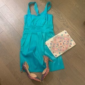Shimmery Aqua mini dress with x back straps